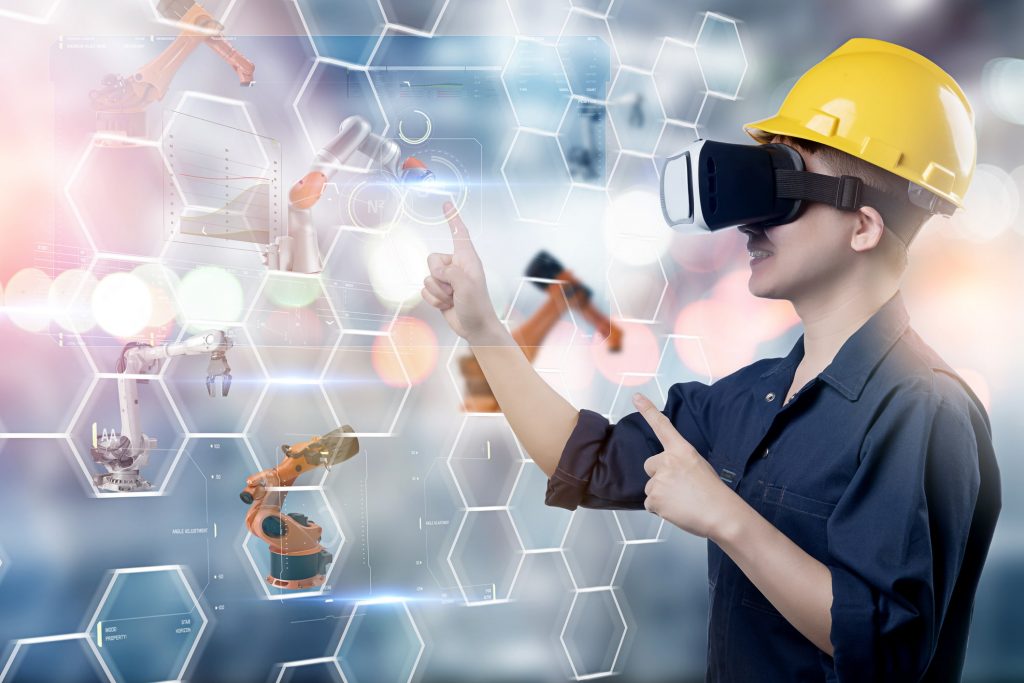 Engineer working, VR smart factory machine IOT internet of thing digital technology futuristic, Smart manufacturing digital process AI management technology app system automate robot control, virtual reality for training