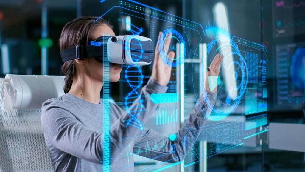 In Laboratory Scientist Wearing Virtual Reality Headset Sitting in a Chair Interacts with Futuristic Holografic Interface, Showing Neurological Data. Modern Brain Study/ Neurological Research Center, virtual reality for training