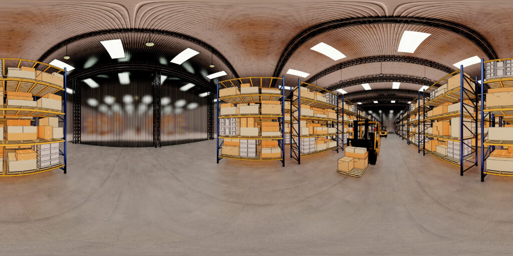 Warehouse with cardboard boxes inside on pallets racks, logistic center. Loft modern warehouse. Cardboard boxes on a conveyor belt in a warehouse, 3D rendering VR 360.