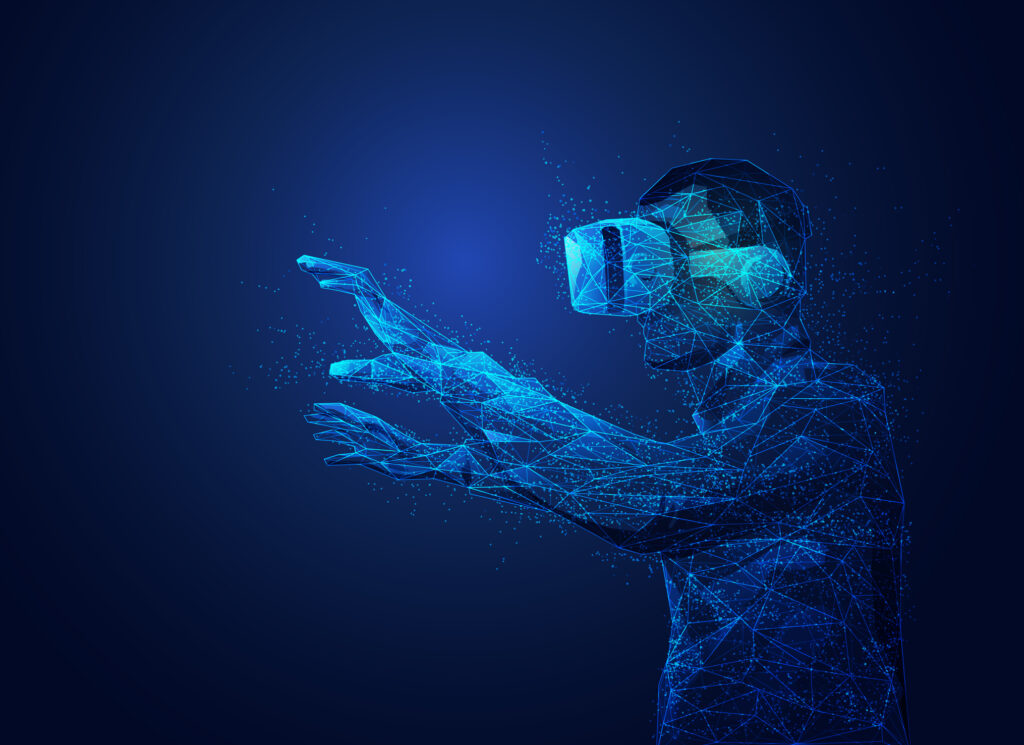 virtual reality for business, a vr business man in a vr headset virtual reality technology concept, man wearing VR glasses presented in polygonal style