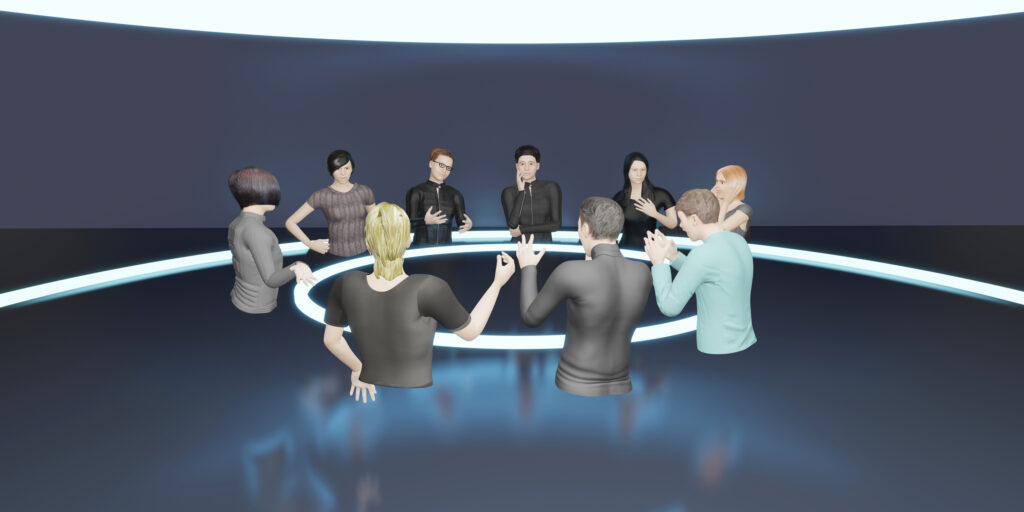 Virtual Reality meeting, business meeting in virtual reality, Metaverse classes and meetings VR glasses Avatars of people in the Metaverse world and sandbox 3D illustrations