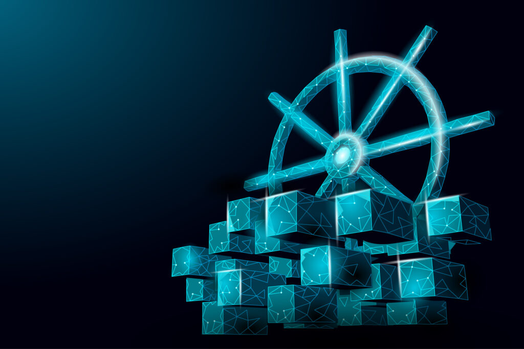 Kubernetes containerization displayed by aWheel helm on container computer developer app concept. Business digital open source program. Data coding steering 3D low polygonal vector line illustration.
