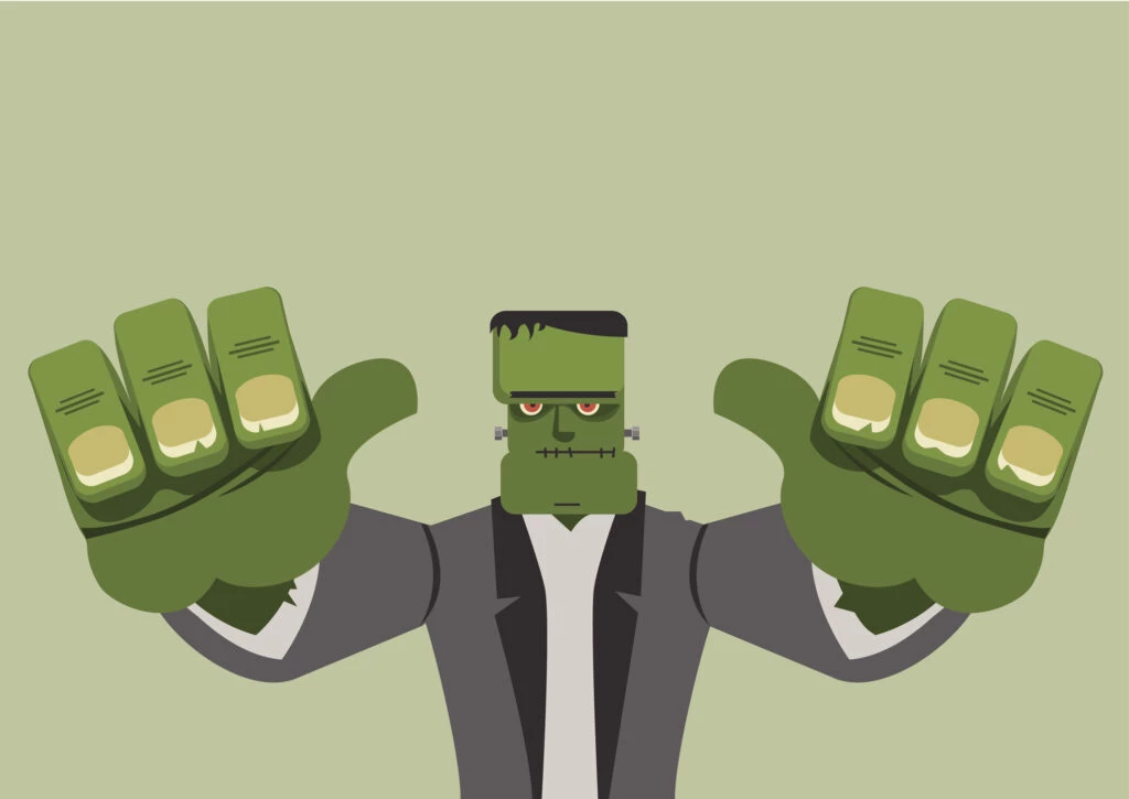 Cartoon illustration of Frankenstein's monster with outstretched arms. Frankenstein software patched togther