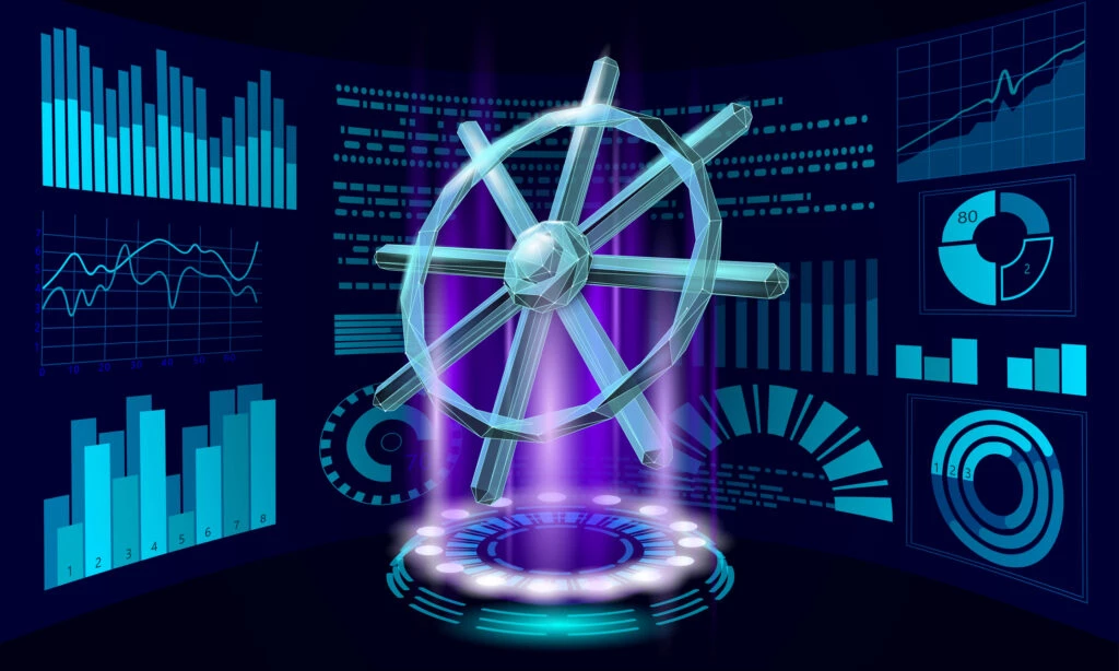 Wheel helm computer developer app concept. Business digital open source program. Data coding steering 3D low polygonal vector line illustration. DevOps, kubernetes