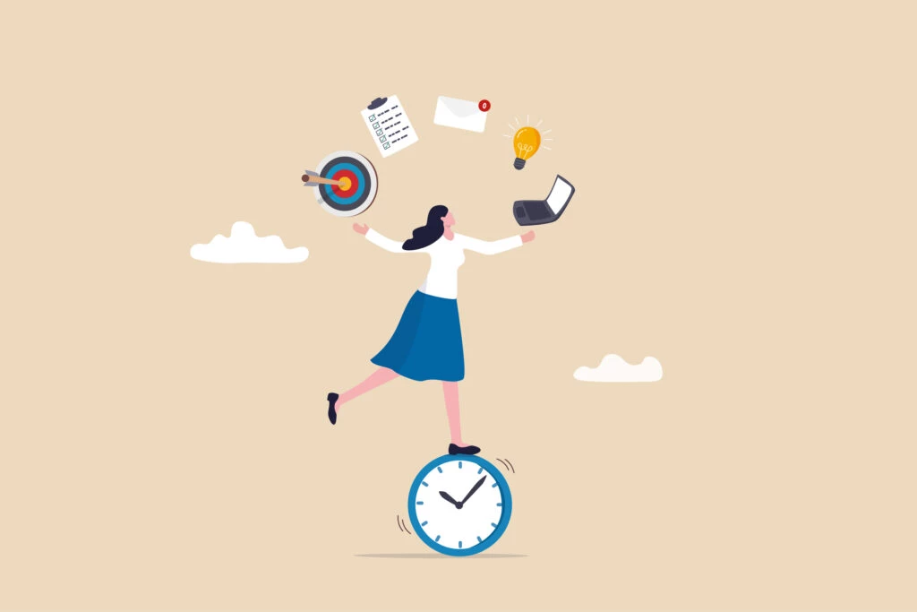 Productive woman, multitasking or time management professional, productivity or entrepreneurship, work efficiency or organize schedule, productive businessman woman balance on clock managing tasks.
